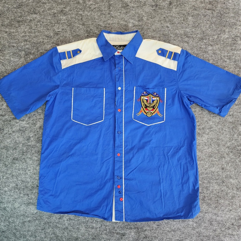 Vintage Eight 732 Shirt Mens 2XL Blue‎ Pilot Theme Patch Short Sleeve Button Up
